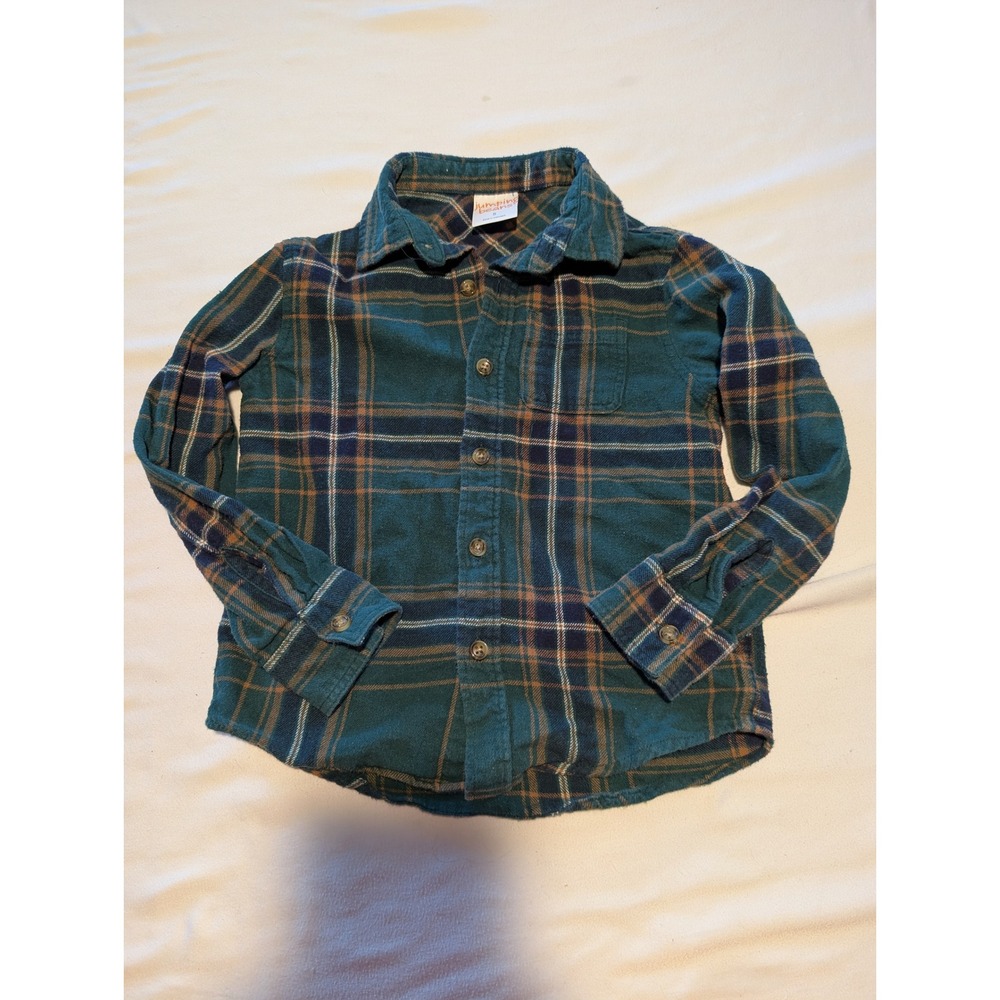 Jumping Beans Kids Green Plaid Flannel Button Down Shirt Size 5 Cotton BJ23W159G